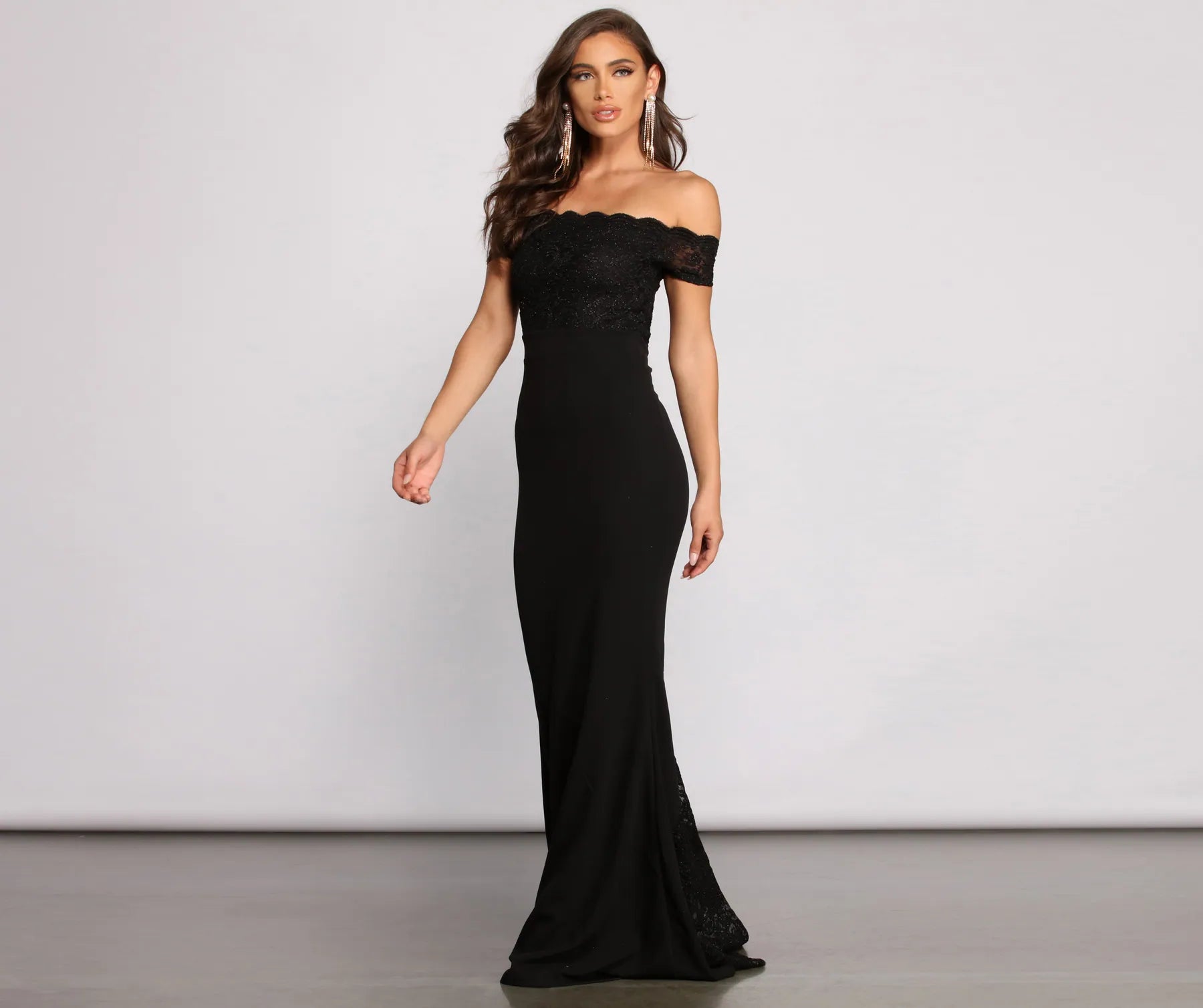 Sierra Formal Off the Shoulder Glitter and Lace Dress