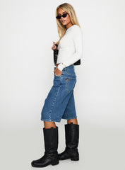 Retro Dream Mid Rise Longline Denim Shorts Mid Wash