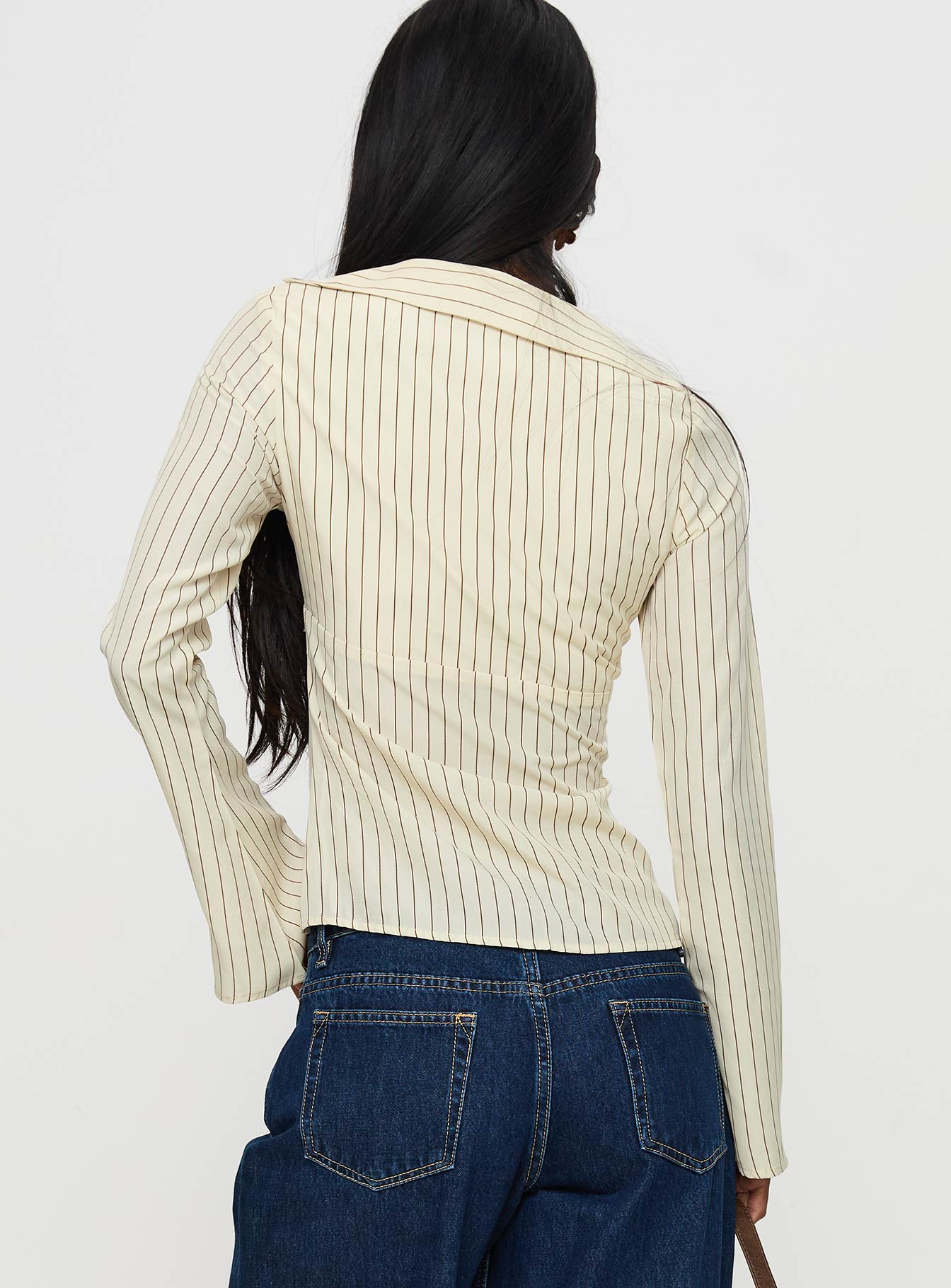 Life Begins Long Sleeve Lace Trim Top Cream Stripe